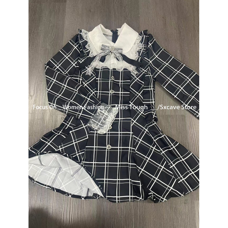 Harajuku Sweet Bow Black Plaid Dresses, Kawaii Lolita Dress for Women, Slim Fit Autumn Long Sleeve