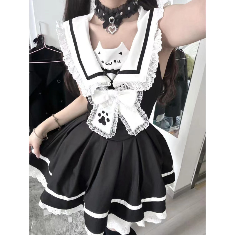 Harajuku Sweet Bow Black Plaid Dresses, Kawaii Lolita Dress for Women, Slim Fit Autumn Long Sleeve