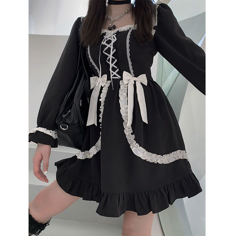 Harajuku Sweet Bow Black Plaid Dresses, Kawaii Lolita Dress for Women, Slim Fit Autumn Long Sleeve