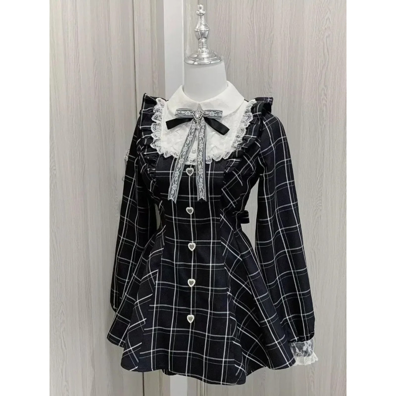 Harajuku Sweet Bow Black Plaid Dresses, Kawaii Lolita Dress for Women, Slim Fit Autumn Long Sleeve