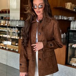 women dark brown suede long sleeve coat single breasted pocket autumn highstreet outerwear lady 2025