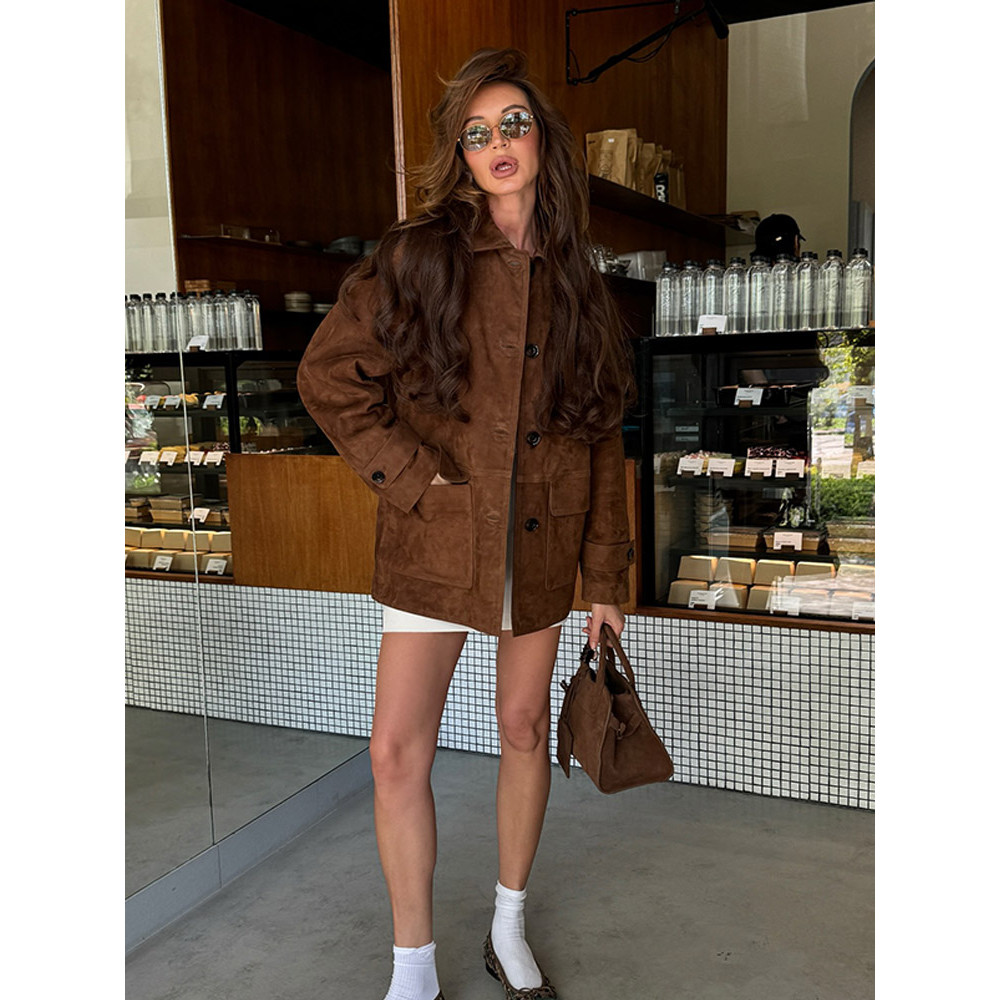 Women Dark Brown Suede Long Sleeve Coat Single Breasted Pocket Autumn Highstreet Outerwear Lady 2025