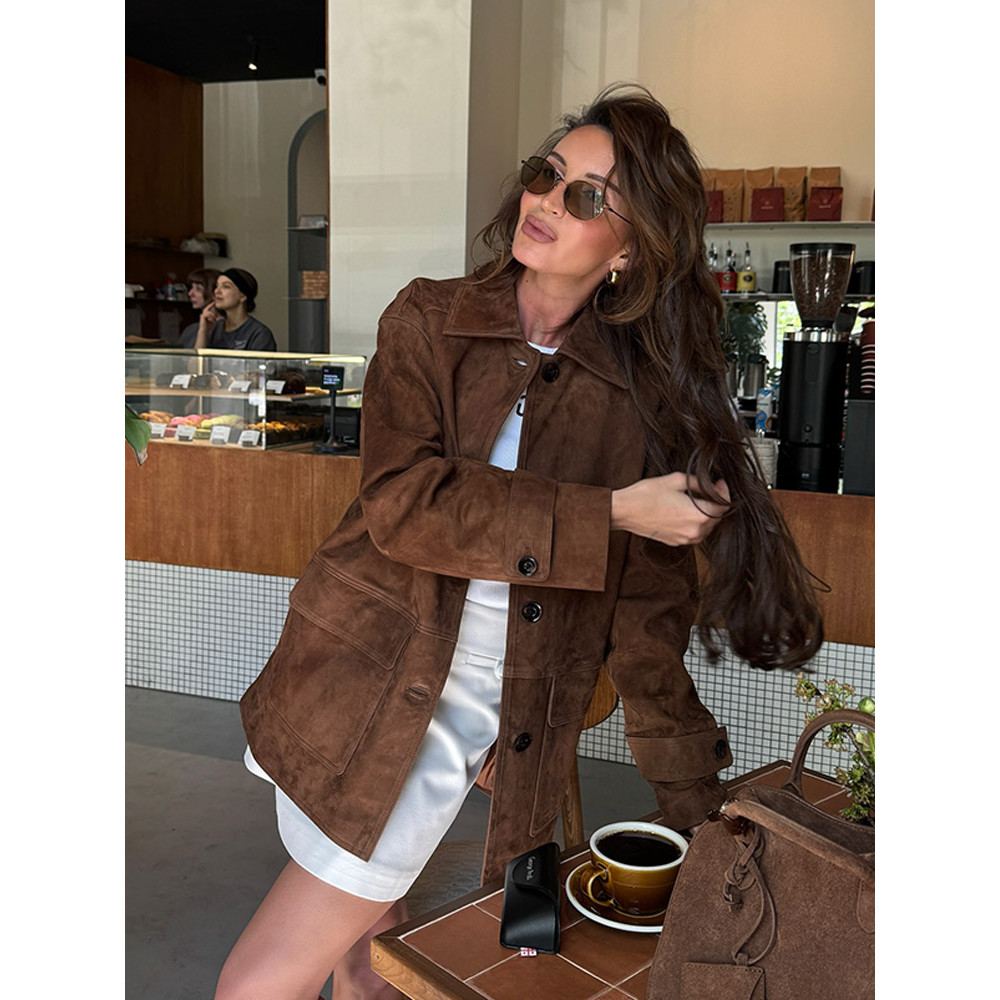 Women Dark Brown Suede Long Sleeve Coat Single Breasted Pocket Autumn Highstreet Outerwear Lady 2025