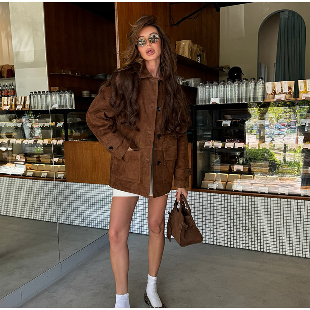 Women Dark Brown Suede Long Sleeve Coat Single Breasted Pocket Autumn Highstreet Outerwear Lady 2025