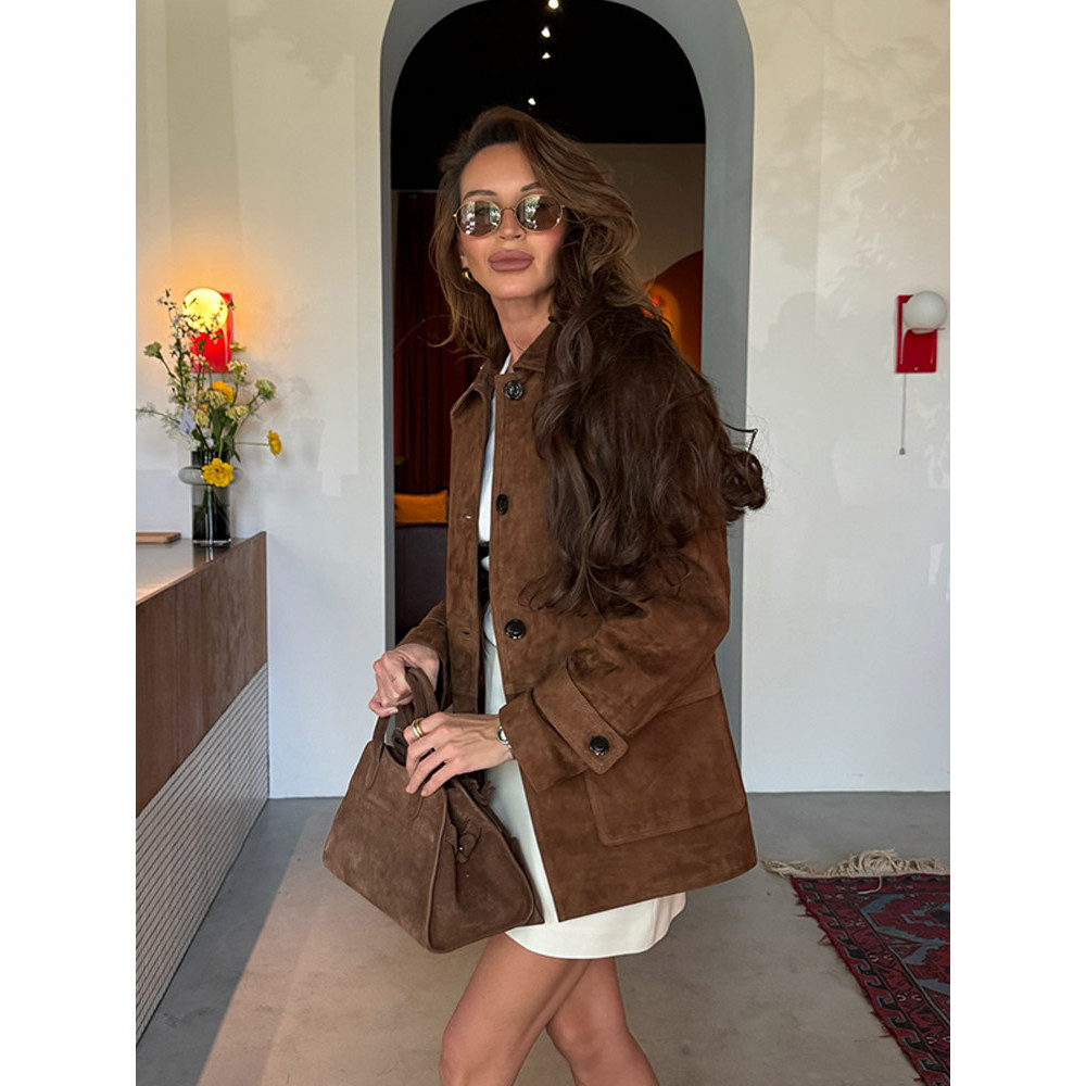 Women Dark Brown Suede Long Sleeve Coat Single Breasted Pocket Autumn Highstreet Outerwear Lady 2025