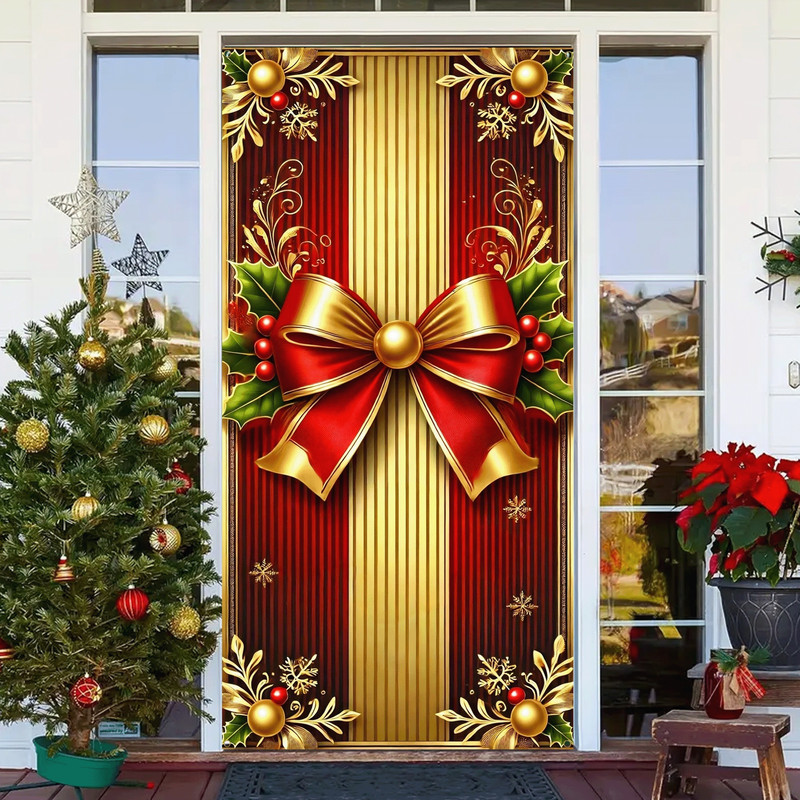Autumn and Winter Christmas Banners, Red Gold Color Door Covers, New Years Decorations with Bows for Home Wall Party