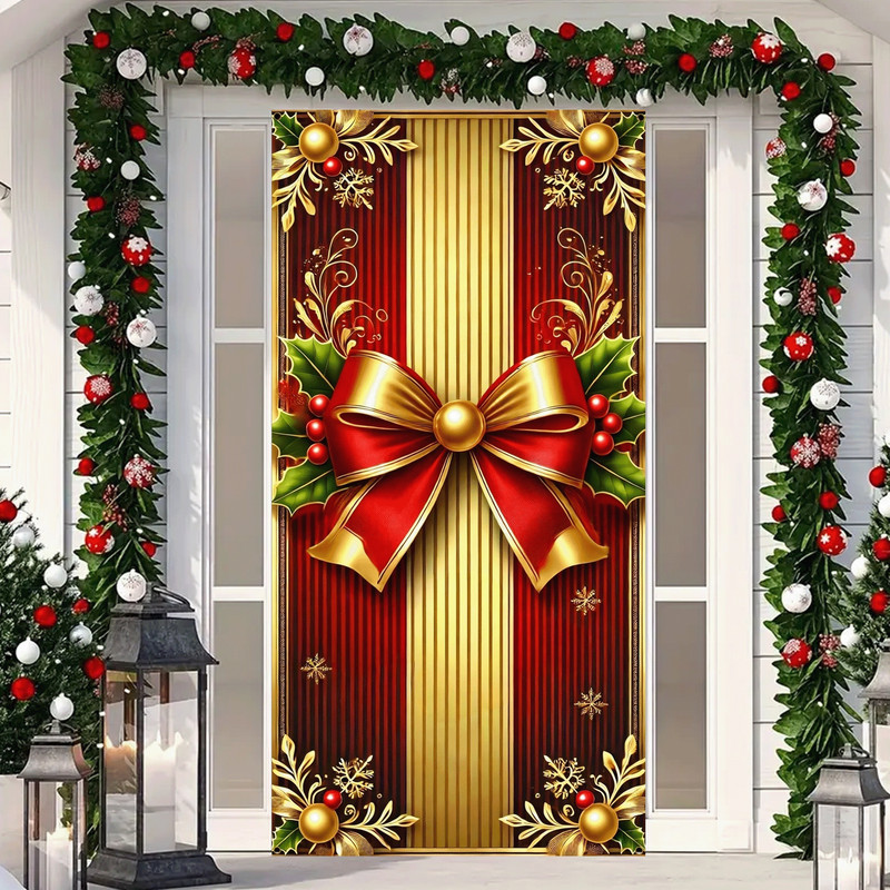 Autumn and Winter Christmas Banners, Red Gold Color Door Covers, New Years Decorations with Bows for Home Wall Party