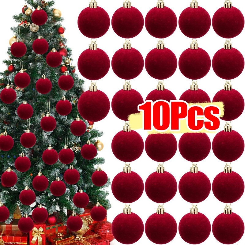 Holiday Wedding Party Supplies, Red Flocked Christmas Ornaments, Hanging Decorative Ball, Balls for Tree Decorations