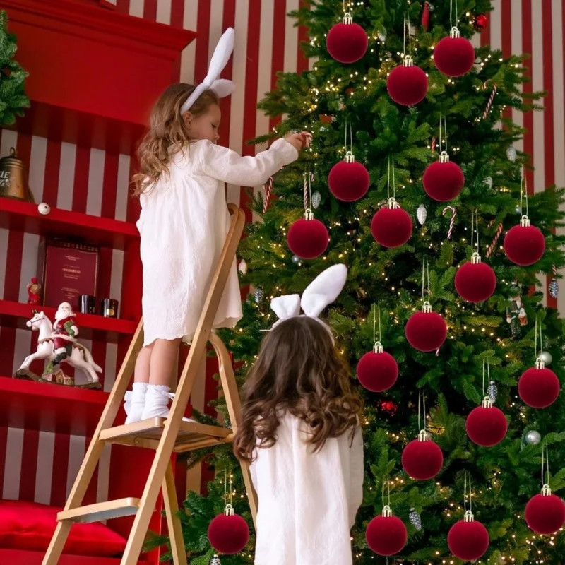 Holiday Wedding Party Supplies, Red Flocked Christmas Ornaments, Hanging Decorative Ball, Balls for Tree Decorations