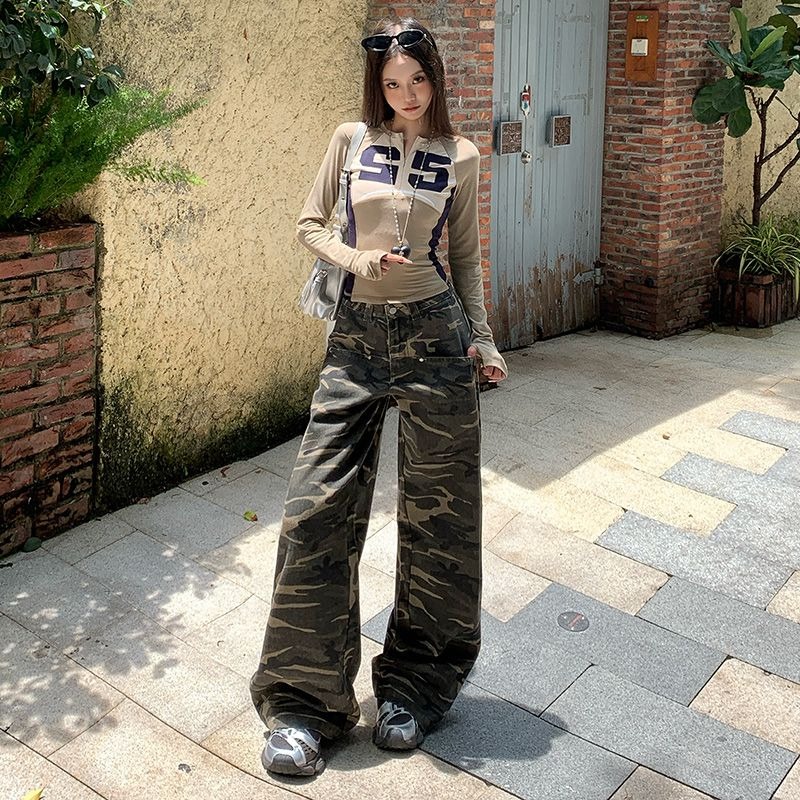 Autumn Winter Low Rise Jeans, Ladies Baggy Drawstring Mop Camouflage Pants Women American High Street