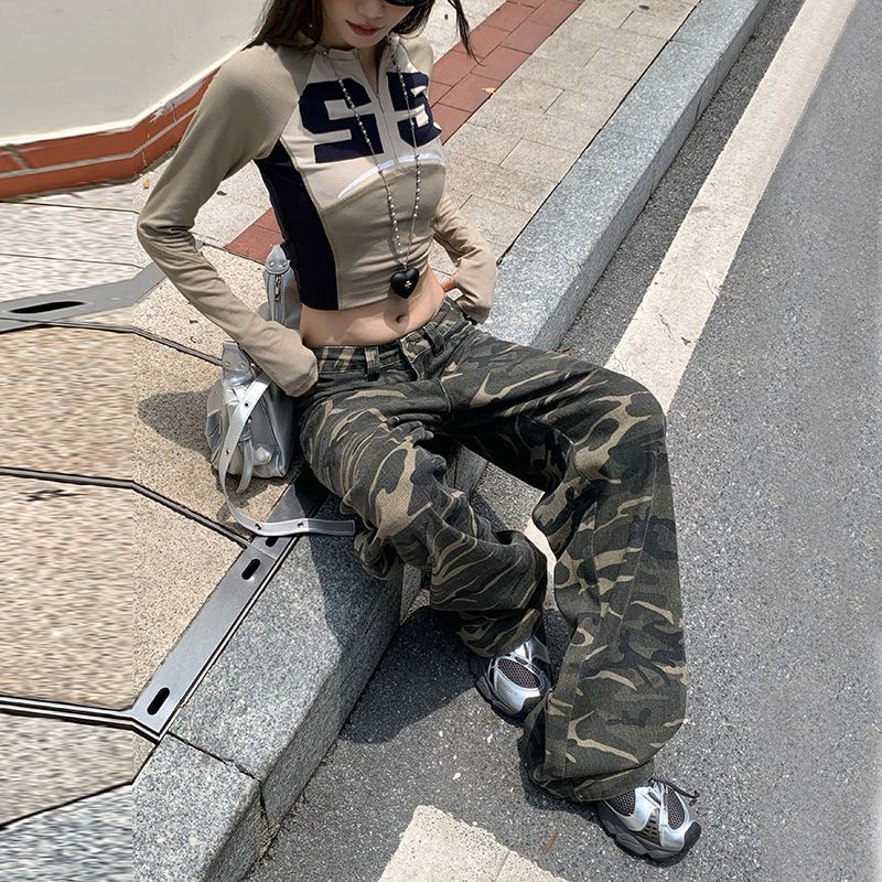 Autumn Winter Low Rise Jeans, Ladies Baggy Drawstring Mop Camouflage Pants Women American High Street