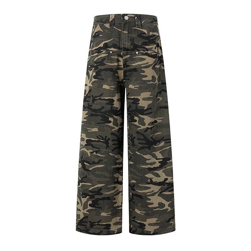 Autumn Winter Low Rise Jeans, Ladies Baggy Drawstring Mop Camouflage Pants Women American High Street