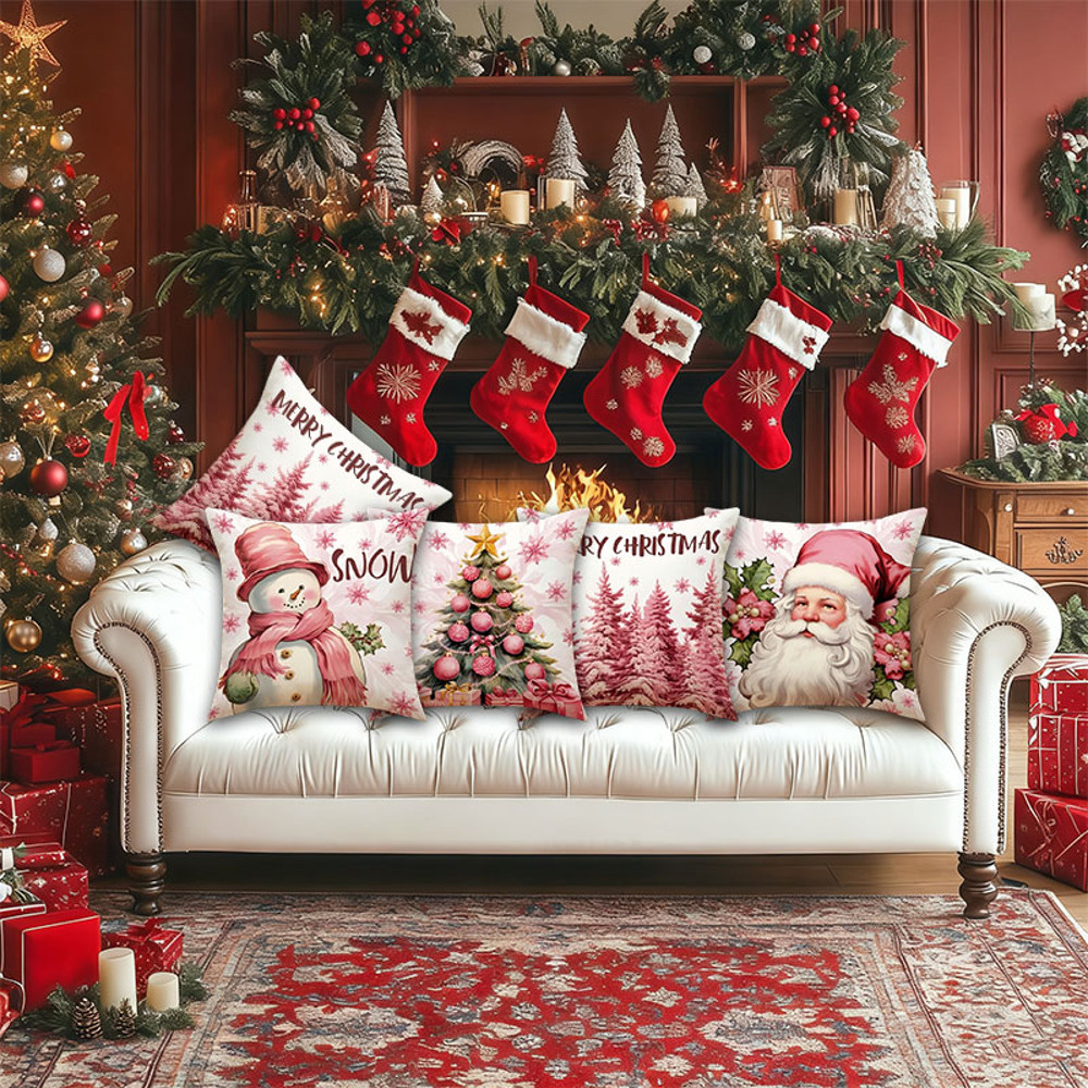 Pink Linen Santa Claus, Pink Christmas Pillow Covers, Cute Christmas Printed Pillow Covers for Living Room Home