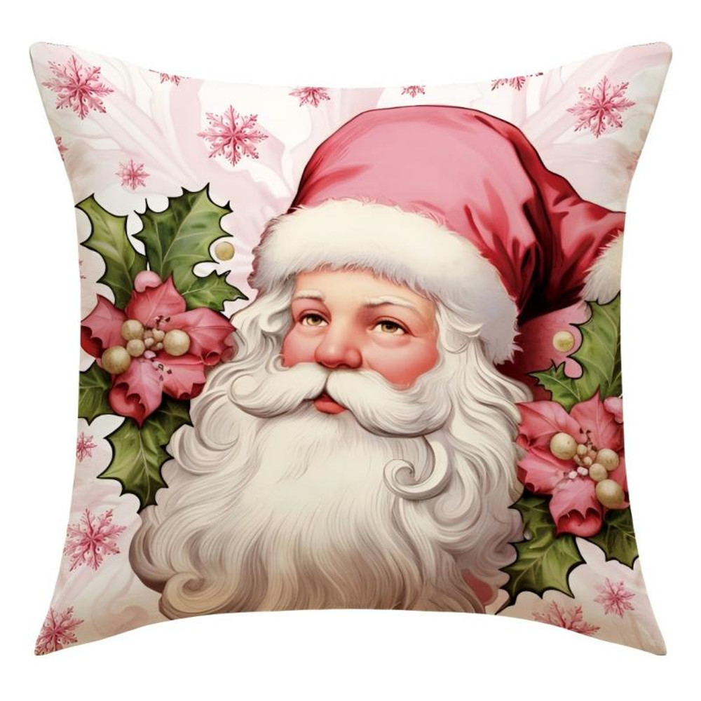 Pink Linen Santa Claus, Pink Christmas Pillow Covers, Cute Christmas Printed Pillow Covers for Living Room Home