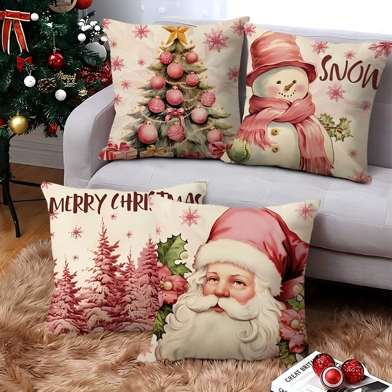 Pink Linen Santa Claus, Pink Christmas Pillow Covers, Cute Christmas Printed Pillow Covers for Living Room Home