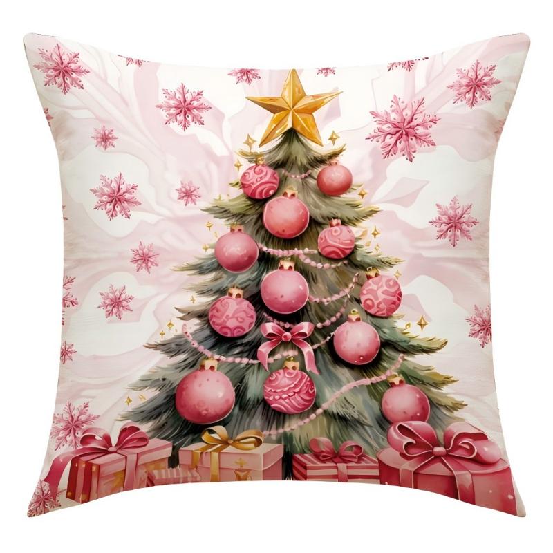 Pink Linen Santa Claus, Pink Christmas Pillow Covers, Cute Christmas Printed Pillow Covers for Living Room Home