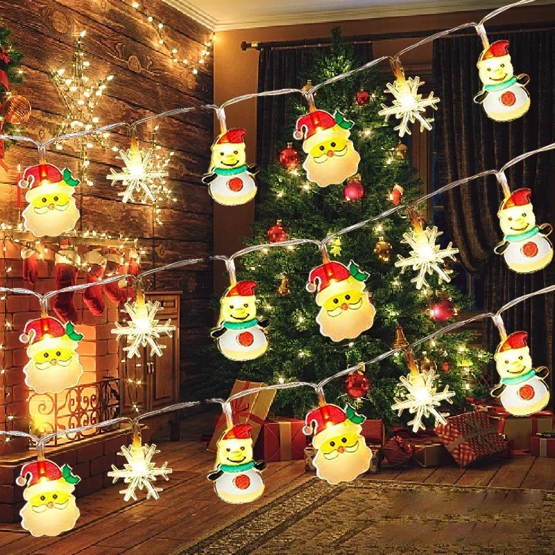 Santa Claus Snowman LED Christmas Lights String, Battery Operated Garland for Holiday Party and New Year Decoration