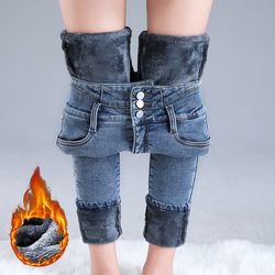 women thermal high waist jeans, winter snow warm plush denim, stretch skinny thick fleece fur pants for ladies