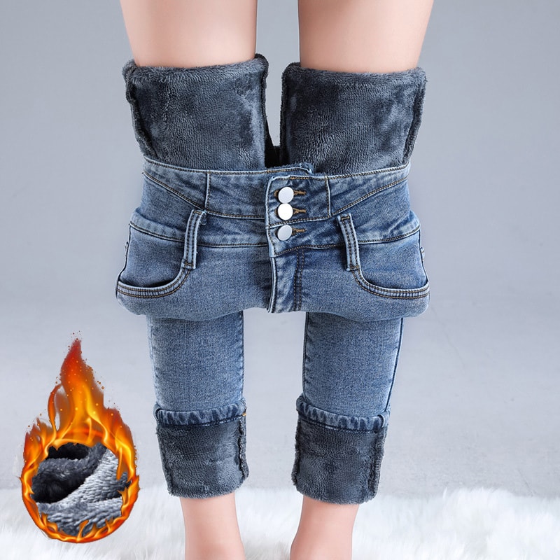Women Thermal High Waist Jeans, Winter Snow Warm Plush Denim, Stretch Skinny Thick Fleece Fur Pants for Ladies