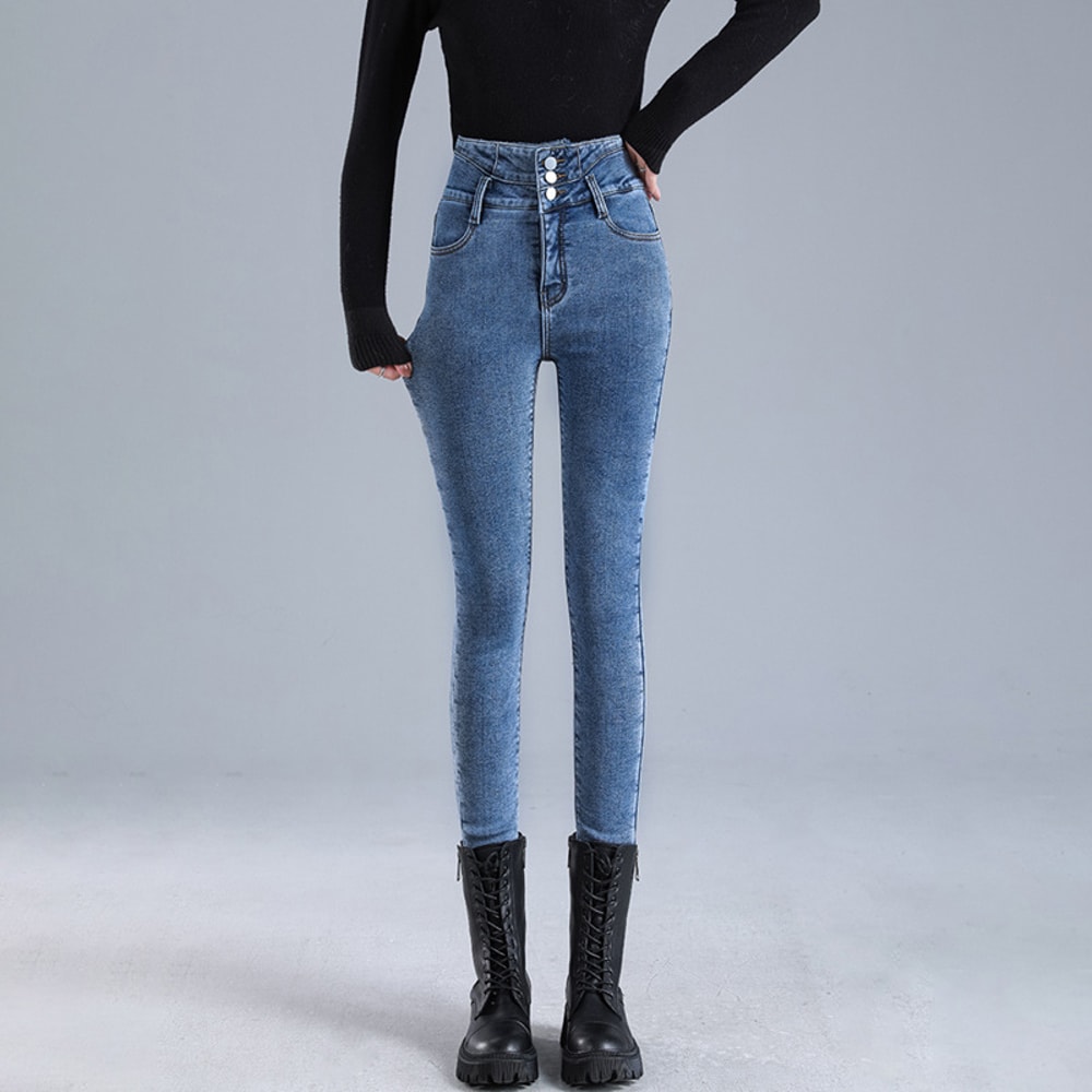 Women Thermal High Waist Jeans, Winter Snow Warm Plush Denim, Stretch Skinny Thick Fleece Fur Pants for Ladies
