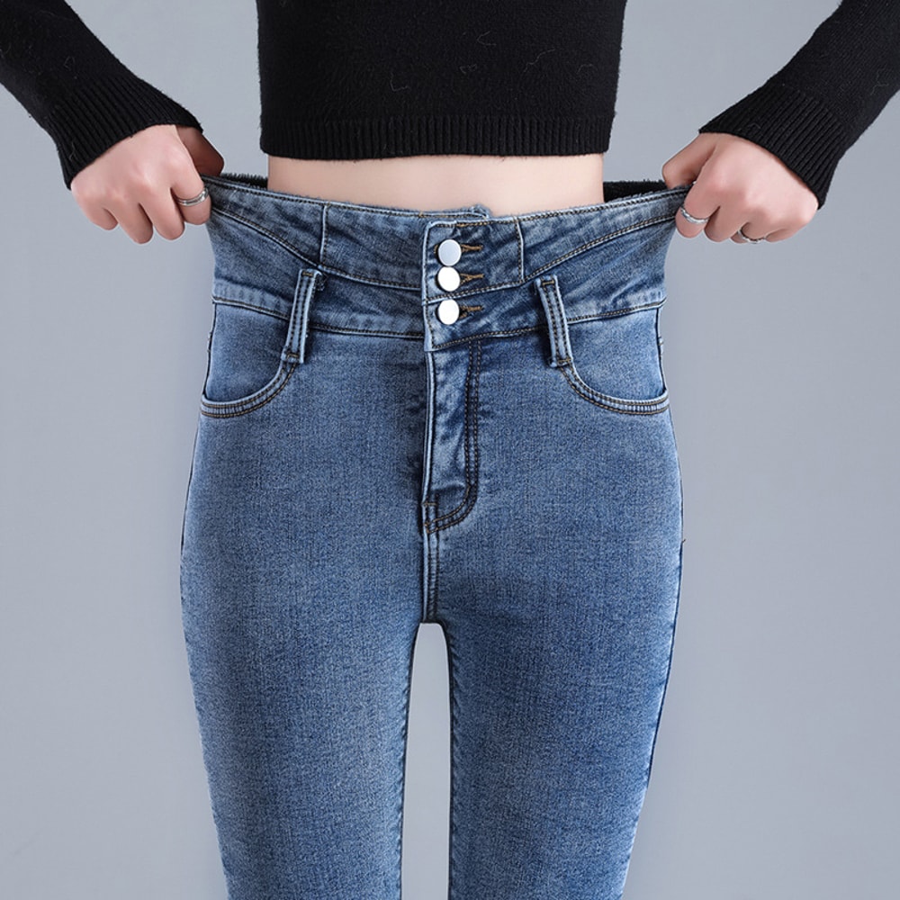 Women Thermal High Waist Jeans, Winter Snow Warm Plush Denim, Stretch Skinny Thick Fleece Fur Pants for Ladies