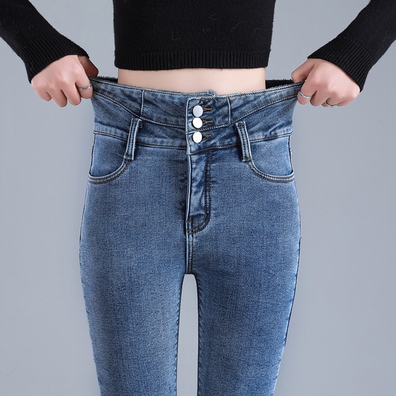 Women Thermal High Waist Jeans, Winter Snow Warm Plush Denim, Stretch Skinny Thick Fleece Fur Pants for Ladies
