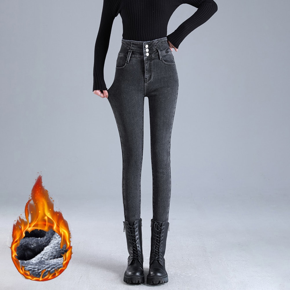 Women Thermal High Waist Jeans, Winter Snow Warm Plush Denim, Stretch Skinny Thick Fleece Fur Pants for Ladies