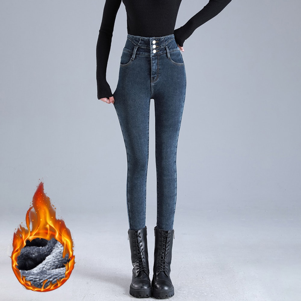 Women Thermal High Waist Jeans, Winter Snow Warm Plush Denim, Stretch Skinny Thick Fleece Fur Pants for Ladies
