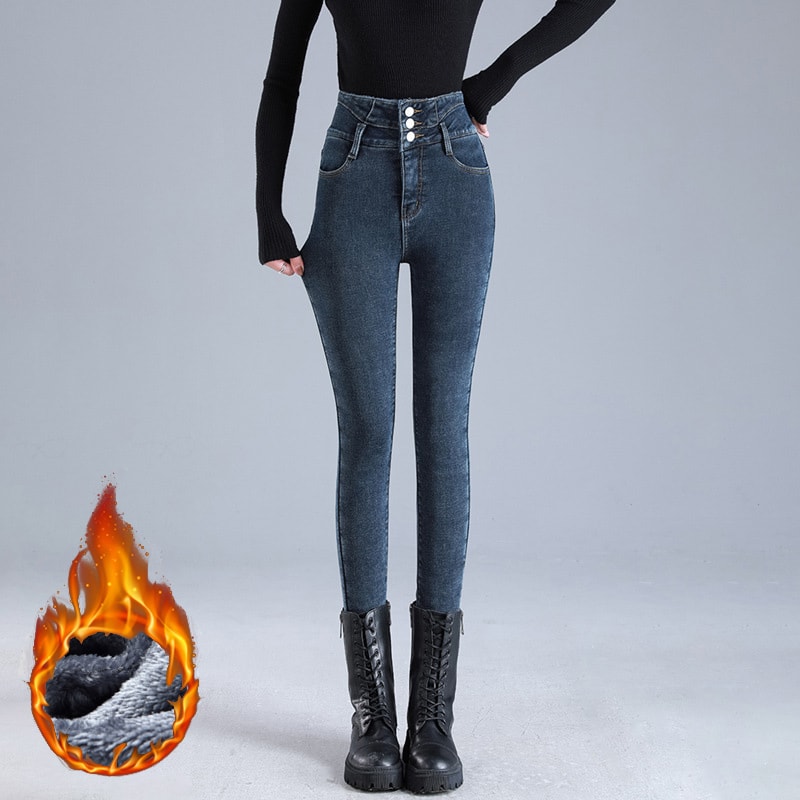 Women Thermal High Waist Jeans, Winter Snow Warm Plush Denim, Stretch Skinny Thick Fleece Fur Pants for Ladies