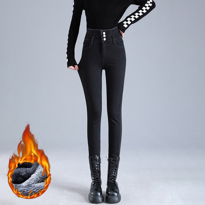 Women Thermal High Waist Jeans, Winter Snow Warm Plush Denim, Stretch Skinny Thick Fleece Fur Pants for Ladies