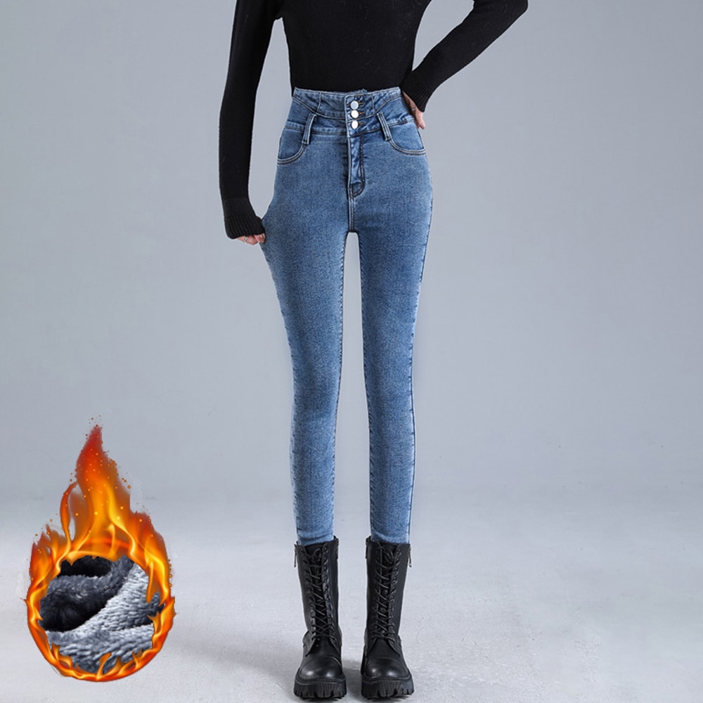 Women Thermal High Waist Jeans, Winter Snow Warm Plush Denim, Stretch Skinny Thick Fleece Fur Pants for Ladies
