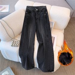 women high waist loose wide leg jeans, boyfriend straight pants, plush denim trousers for autumn winter, gray black jean