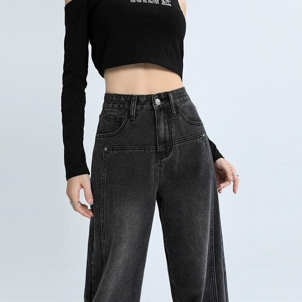 Women High Waist Loose Wide Leg Jeans, Boyfriend Straight Pants, Plush Denim Trousers for Autumn Winter, Gray Black Jean