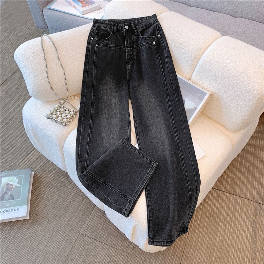 Women High Waist Loose Wide Leg Jeans, Boyfriend Straight Pants, Plush Denim Trousers for Autumn Winter, Gray Black Jean