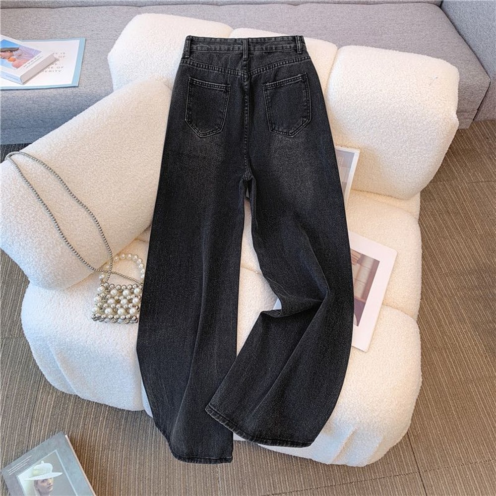Women High Waist Loose Wide Leg Jeans, Boyfriend Straight Pants, Plush Denim Trousers for Autumn Winter, Gray Black Jean
