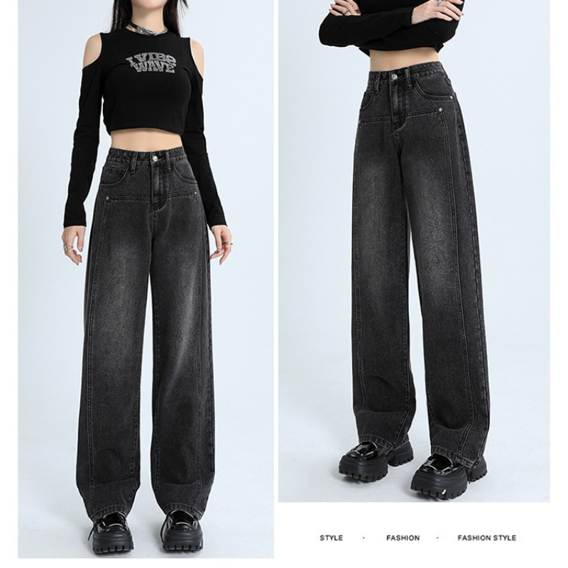 Women High Waist Loose Wide Leg Jeans, Boyfriend Straight Pants, Plush Denim Trousers for Autumn Winter, Gray Black Jean