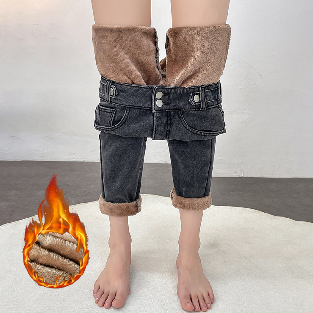 Winter Womens Warm Fleece Jeans, High Waist Thick Denim Pants, Plus Size Loose Harem Trousers