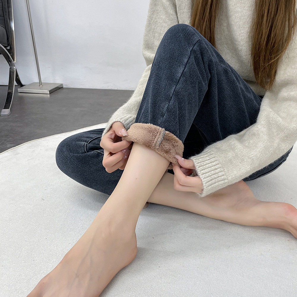 Winter Womens Warm Fleece Jeans, High Waist Thick Denim Pants, Plus Size Loose Harem Trousers