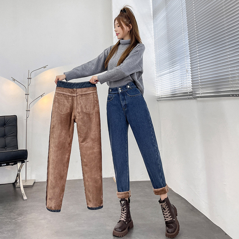 Winter Womens Warm Fleece Jeans, High Waist Thick Denim Pants, Plus Size Loose Harem Trousers