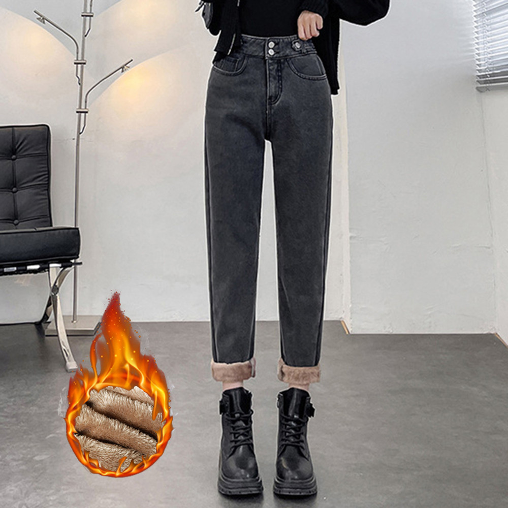 Winter Womens Warm Fleece Jeans, High Waist Thick Denim Pants, Plus Size Loose Harem Trousers