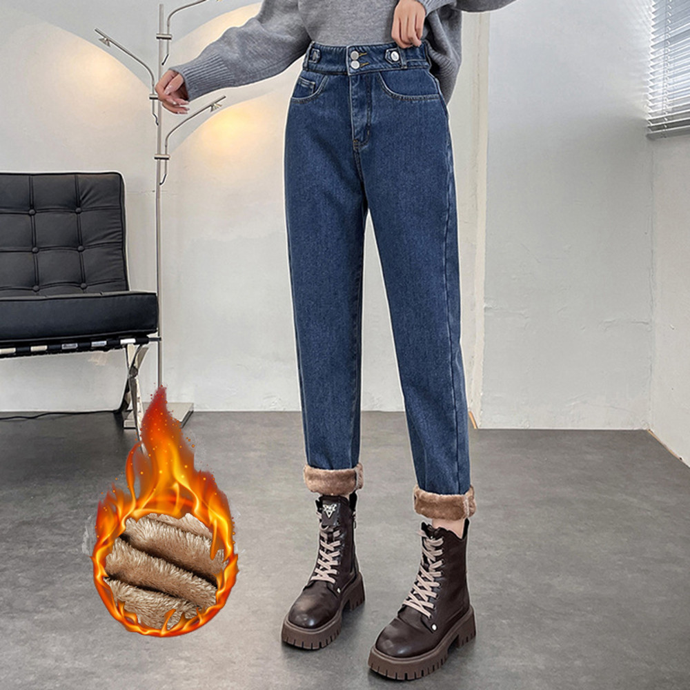 Winter Womens Warm Fleece Jeans, High Waist Thick Denim Pants, Plus Size Loose Harem Trousers