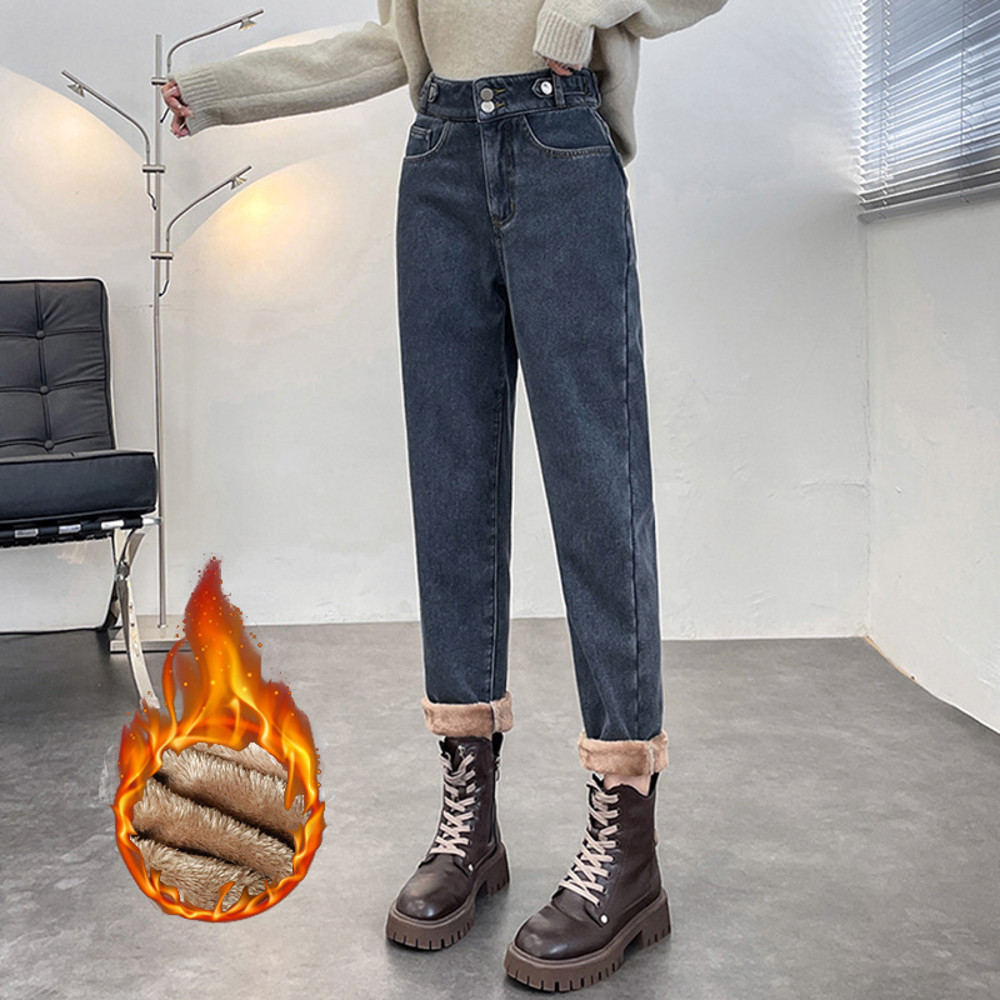 Winter Womens Warm Fleece Jeans, High Waist Thick Denim Pants, Plus Size Loose Harem Trousers