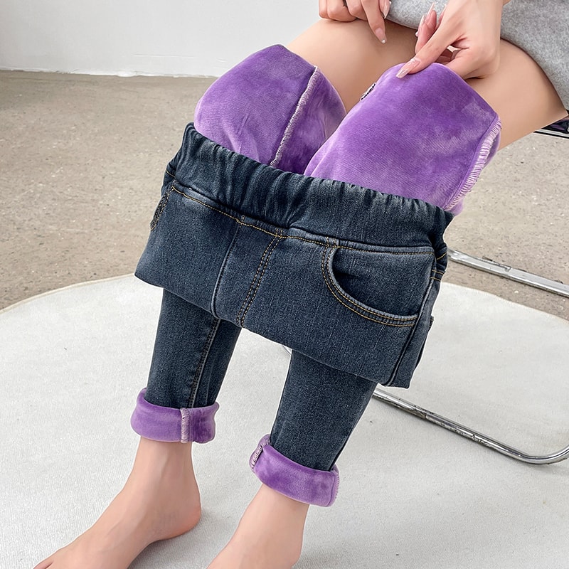 Womens Winter Jeans Fleece Lined Slim Pencil Trousers Elastic Waist Velvet Mom Denim Pants 0
