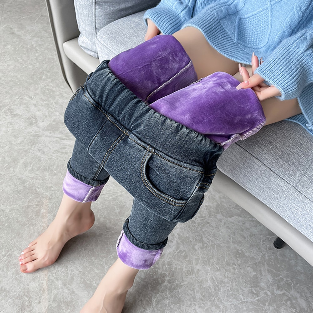 Womens Winter Jeans Fleece Lined Slim Pencil Trousers Elastic Waist Velvet Mom Denim Pants 2