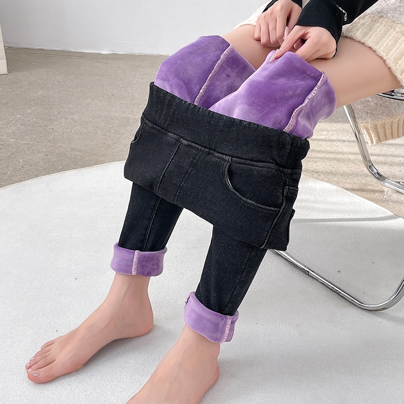 Womens Winter Jeans Fleece Lined Slim Pencil Trousers Elastic Waist Velvet Mom Denim Pants 7