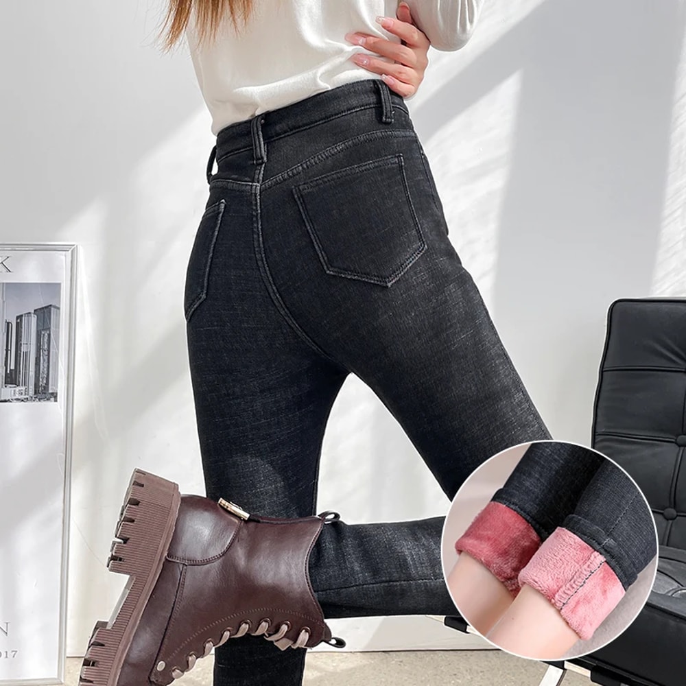 New Women Thermal Stretch Jeans Winter Warm Fleece Lined Denim Pants Slim Fit Stretchy Leggings 0