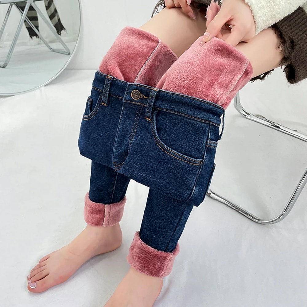 New Women Thermal Stretch Jeans Winter Warm Fleece Lined Denim Pants Slim Fit Stretchy Leggings 3