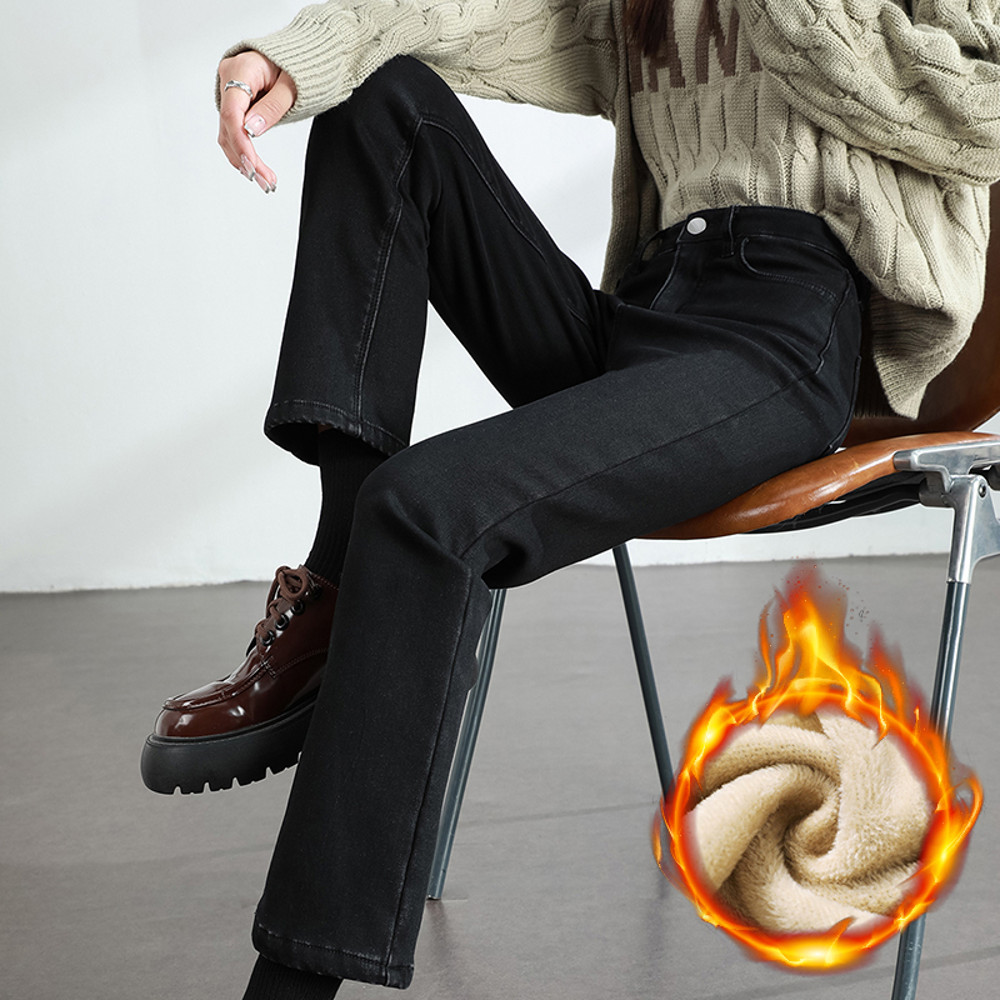 Womens Winter Fleece Jeans, Thickened Warm Denim Pants, Retro Slim Straight Elastic Cotton Fashion Trousers