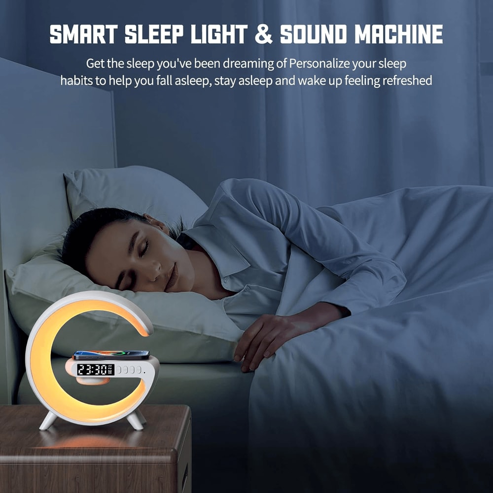 Wireless charging bedside alarm light with ambient glow