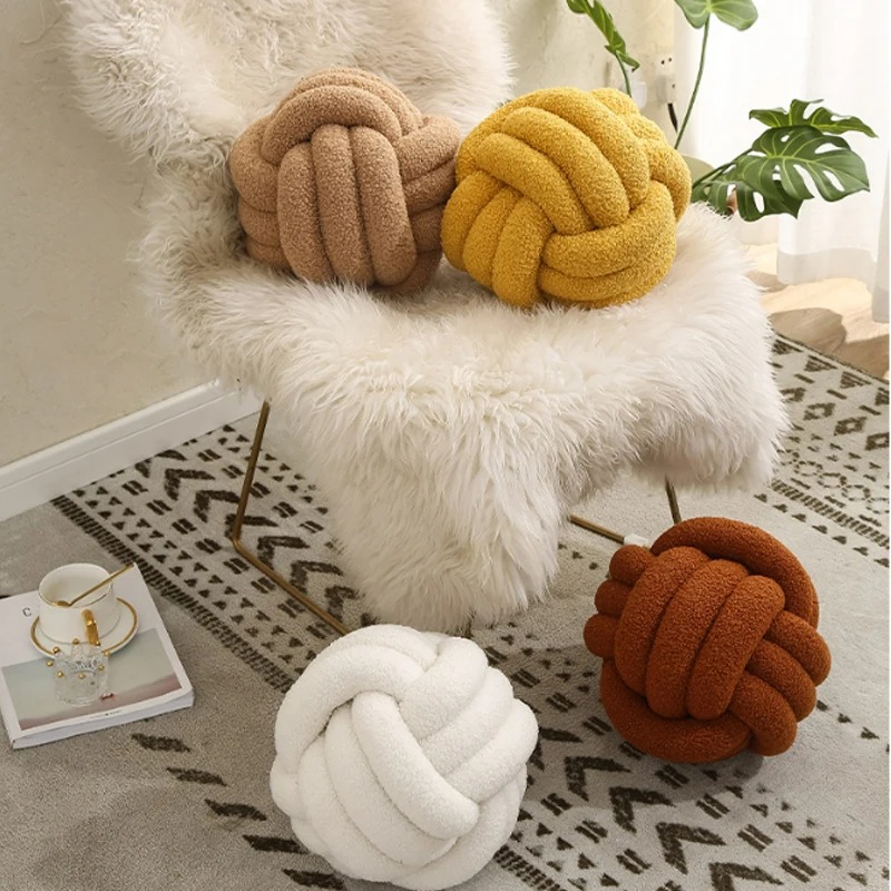 Woven Ball Pillow for Home Bedroom Decoration, Knotted Cushion with Backrest, Round Ball Shape Bed Cushion for Sofa